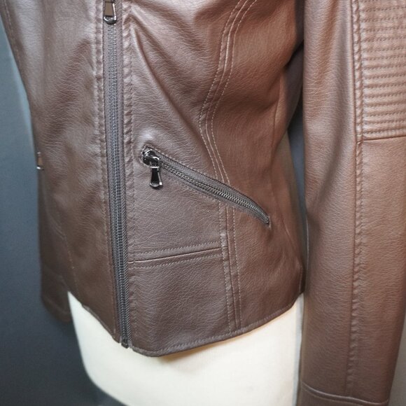 Celebrity Pink Juniors Womens Brown Faux Leather Moto Jacket Size Small - Picture 3 of 8